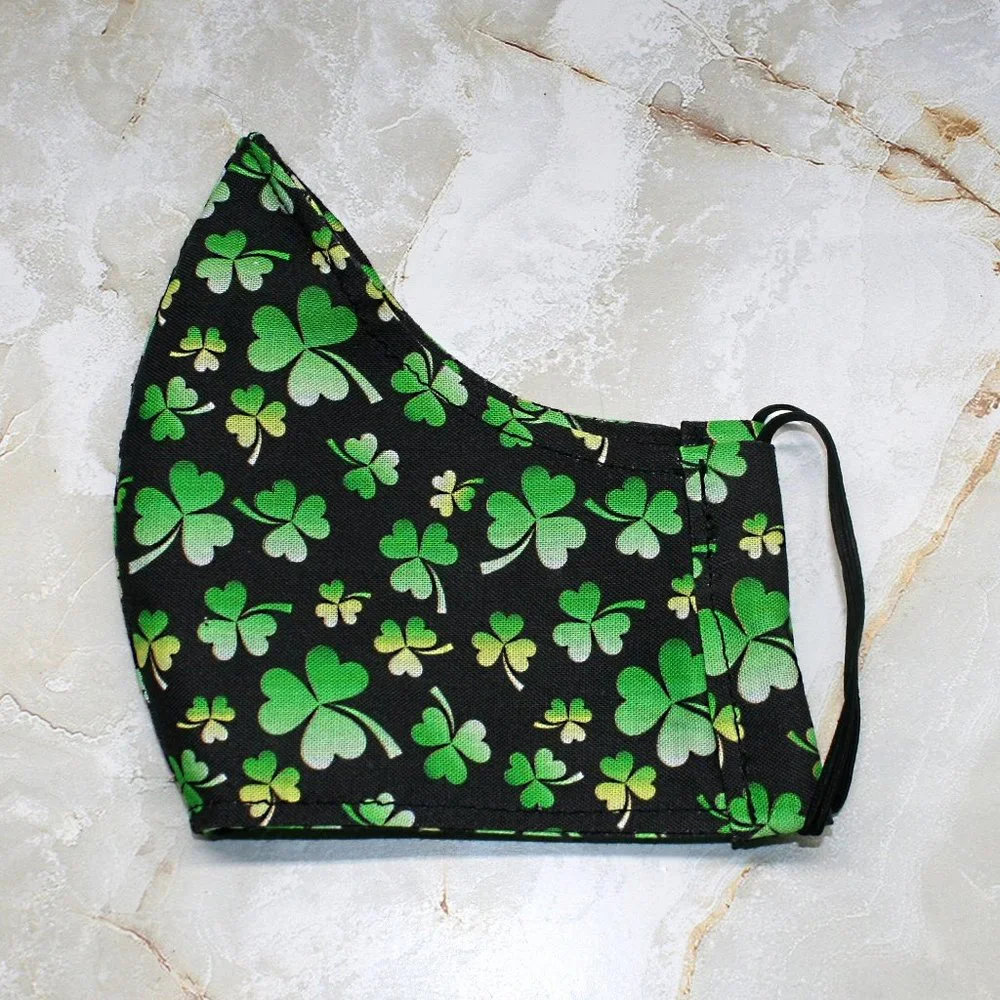 HAND CRAFTED Face Mask Black Shamrock Print Cotton - Adult - Shield Style - Picture 3 of 12